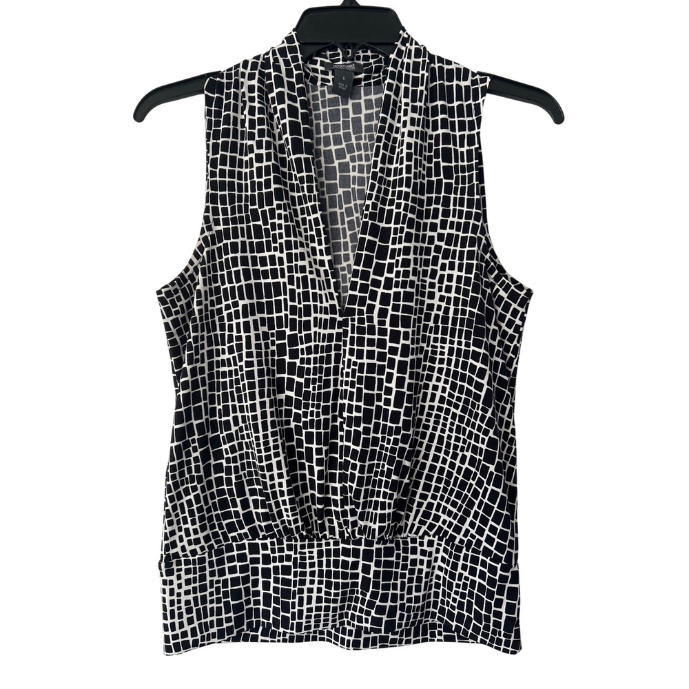Kenneth Cole Reaction Black White Geometric‎ Grid Draped V-Neck Sleeveless Top S